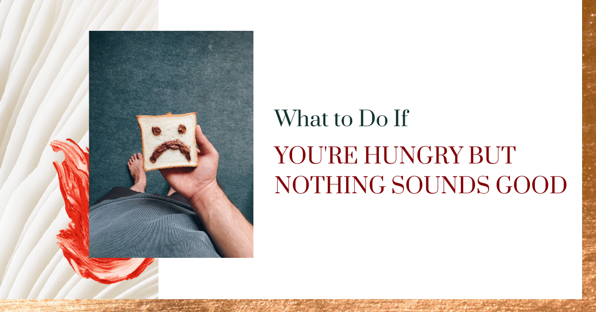 A photo of a person holding a piece of bread with a sad face drawn on it, with the words what to do if you're hungry but nothing sounds good